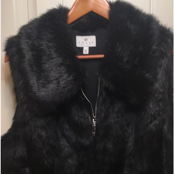 CHAUS NY  XL  BLACK FAUX FUR VEST ZIP FRONT WAIST TIES 2 Pockets Bottom Front - Picture 8 of 16